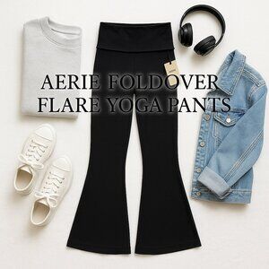 NWT Aerie Offline Fold Over Hi-Rise OG Super Flare Black Workout Pants Womens XS